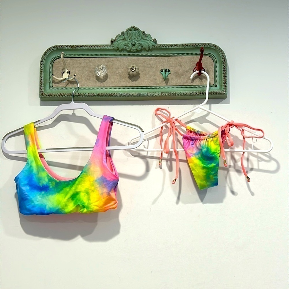 Brand new women’s size small rainbow, tie-dye, itsy-bitsy string, bikini swim